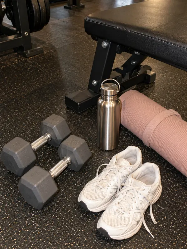 Dumbbells, trainers and a blush exercise mat