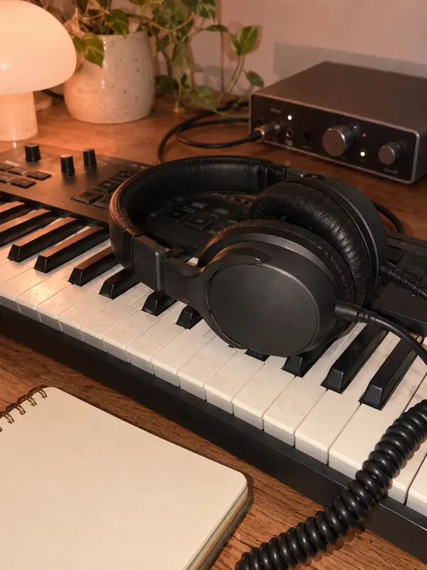 Headphones and piano keys in a home studio